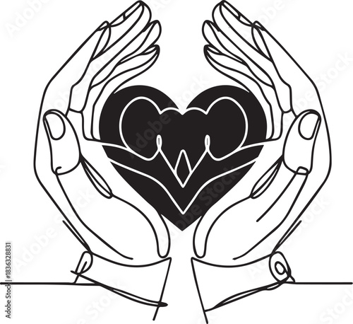 Continuous line drawing of hands holding a heart symbol conceptual design. eps
