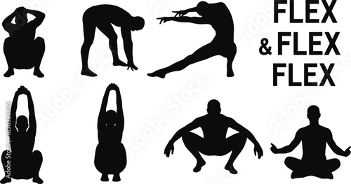 Stretching silhouettes, yoga poses, flexibility routine, wellness exercise, squatting motion, dynamic stretch, seated posture, fitness icon, body movement, calm activity, mindful motion, Flex & Flex