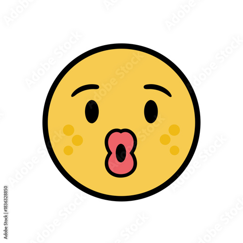 Yellow Emoji Face With A Kissing Pout And Tired Eyes Vector Art With Speckled Cheeks Isolated On Black Background With Open Mouth Showing Teeth