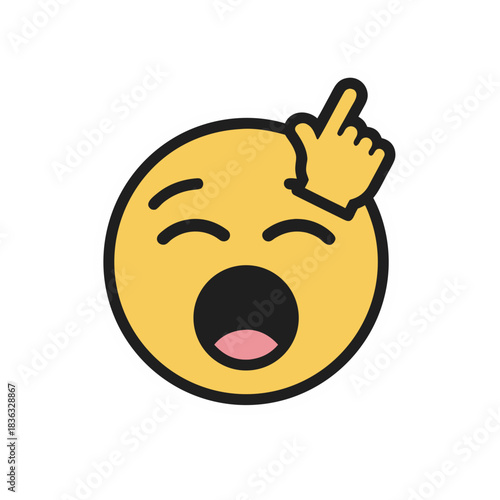 Yellow emoji face with closed eyes and pursed lips wearing a striped party hat with its hands near its cheeks and a finger pointing to its forehead on a black background.