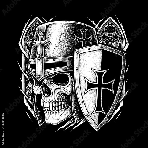 Skull in Crusader Helmet with Shield and Crosses.