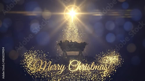Golden star shines over a nativity manger with glowing Merry Christmas text on a bokeh blue background for holiday greetings.