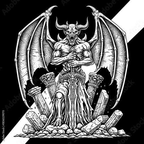 Fierce Demon Warrior with Sword and Wings.