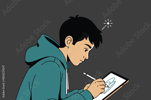 Young man focused on drawing and creating digital art with stylus on tablet