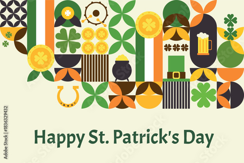 Festive St. Patrick’s Day illustration with modern geometric shapes, shamrocks, leprechaun hats, gold coins, beer mug, horseshoe, pot of gold, and Irish flag colors.