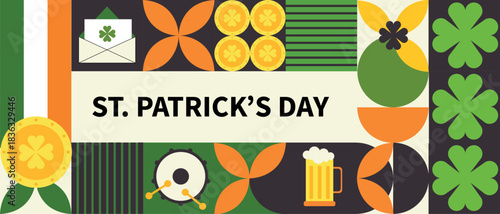 Colorful geometric St. Patrick’s Day design featuring shamrocks, coins, beer mug, Irish flag, clover leaves, and festive elements. Great for holiday promotions, greeting cards, banners.