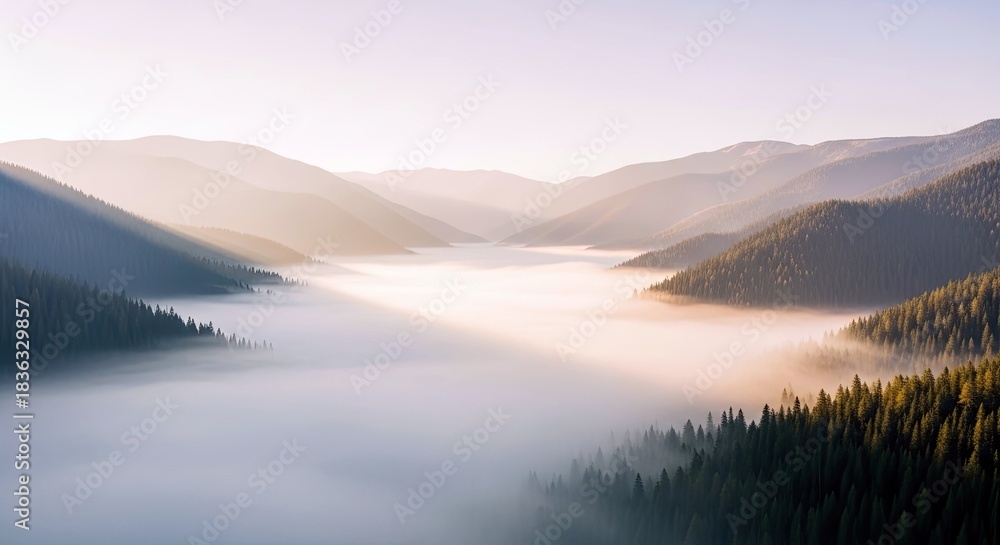 Fototapeta premium Aerial view of mountains and forest covered in thick fog during sunrise. The scene is bathed in soft, warm light.