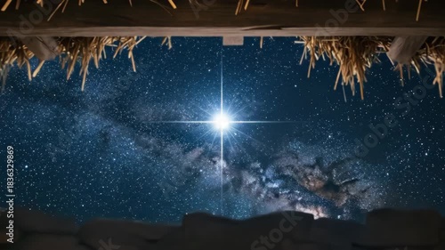 Woman Mary and baby Jesus in manger with animals in a stable and star of Bethlehem. Nativity scene for Christmas celebration.