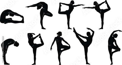 Yoga dance silhouettes, flexibility pose, balance gesture, graceful movement, physical fitness, expressive postu