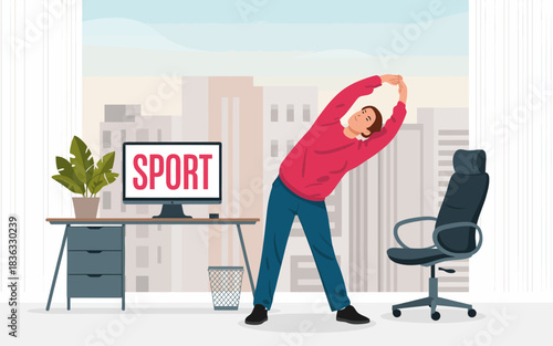 A person stretches in a stylish office environment, promoting wellness and physical activity during workdays while balancing productivity and health in a modern workspace.