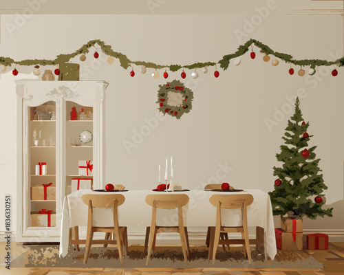Festive dining room decorated for christmas with a tree and garland