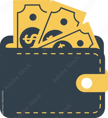 A dark grey wallet with a tan clasp, overflowing with yellow dollar banknotes.