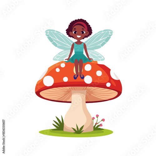 Whimsical Illustration of a Cute Fairy with Translucent Wings Seated on a Vibrant Red Mushroom
