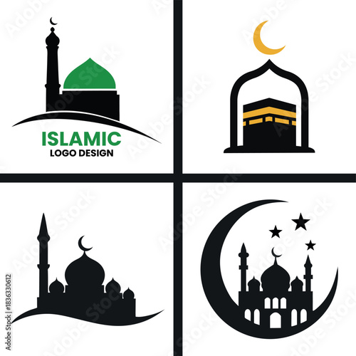 Collage of islamic logo designs featuring mosques, crescents, and architectural elements in black and green