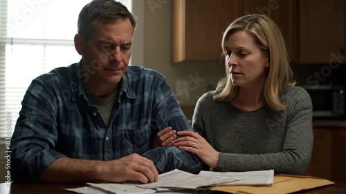 Distressed Couple Reviewing Financial Documents at Home, Worried about Debt or Mortgage, Emphasizing Stress and Concern