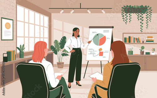 A confident professional woman presents data to an attentive audience in a modern office environment, showcasing effective communication and teamwork during a meeting.