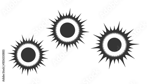 Three abstract circular starburst graphic elements with spiky rays, isolated on white background, digital art, abstract shapes.