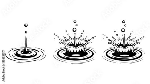Water droplet impact splashes with concentric ripples, illustrating fluid dynamics and the effect of liquid collision in a sequence of three stages.