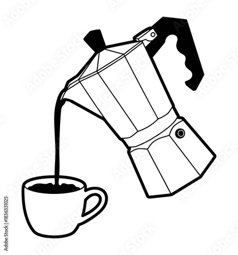Moka pot pouring hot coffee into a small white cup, classic stovetop espresso maker brewing beverage, kitchen utensil illustration.