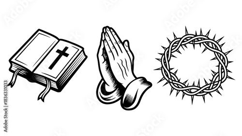 Christian symbols: open bible with cross, praying hands, and crown of thorns, representing faith, worship, and sacrifice for christianity