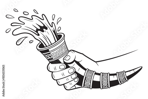 Hand holding ornate drinking horn overflowing with splashing water, illustration in black and white, representing celebration or ancient customs