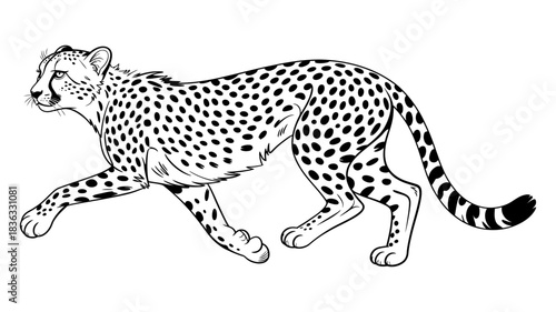 A detailed line drawing of a running cheetah, capturing its sleek form and distinctive spotted pattern, isolated on a plain background.
