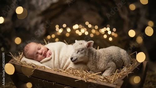 Sleeping newborn baby and lamb in manger for Christmas nativity scene. Holy night and winter holiday childhood.