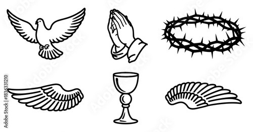 Set of christian religious symbols including a dove, praying hands, crown of thorns, chalice, and wings in black outline illustration