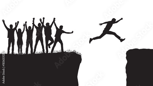 Silhouette of a man jumping across a gap between cliffs, with a group of people cheering him on from the other side, symbolizing achievement and success.