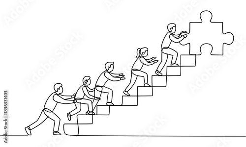 Teamwork and collaboration: stylized people climbing stairs, one placing final puzzle piece, illustrating success and achievement, line art style