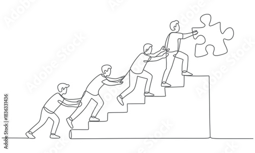 Teamwork and collaboration: stylized line art of people climbing stairs, pushing each other up, and fitting puzzle piece for success.
