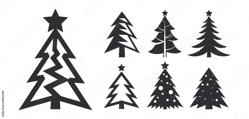 Obraz premium Collection of stylized black christmas tree silhouettes with stars and ornaments, representing holiday and winter decorations, isolated on white.