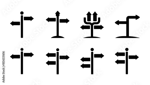 Collection of directional signpost icons showing various paths and choices, representing decision making and navigation, isolated on white.