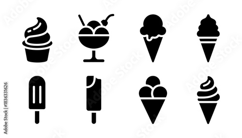 Collection of eight black ice cream icons and illustrations, including cones, sundaes, and popsicles, isolated on a white background.