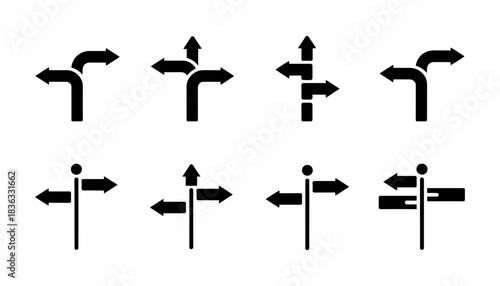 Collection of black directional arrow icons showing different paths and choices, isolated on a white background. signposts.