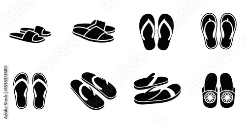 Collection of diverse black flip-flop and slide sandal icons isolated on a white background, representing footwear options for casual wear and comfort.