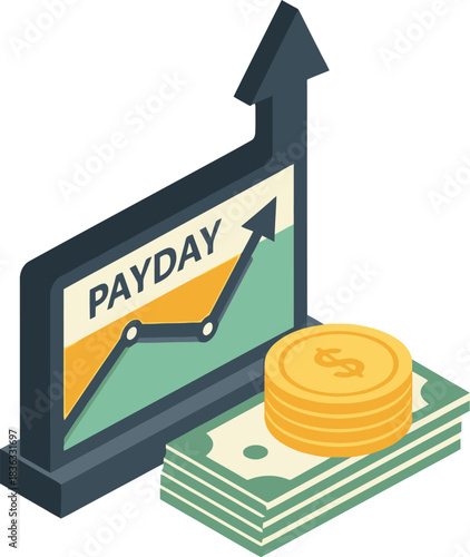 A graphic illustration depicting a rising trend line on a screen labeled 'PAYDAY', alongside a stack of cash and coins, symbolizing financial growth and success.