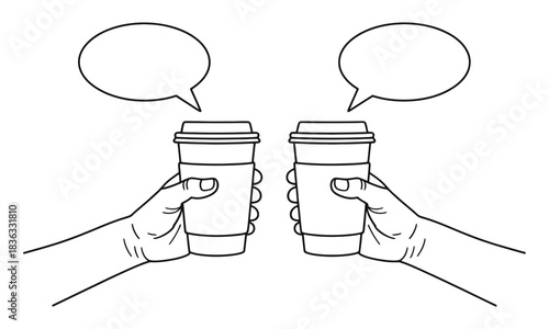 Two hands hold paper coffee cups with empty speech bubbles above, illustrating conversation and communication over a beverage.