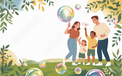 A happy family partakes in a joyful bubble moment outdoors, capturing the essence of togetherness, laughter, and carefree fun in a beautifully illustrated scene.