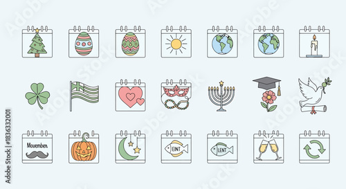 Set of Holiday and Celebration Icons on Calendar Backgrounds Including Christmas Tree, Easter Egg, Earth Day, Candle, Shamrock, Flag, Hearts, Masquerade Mask, Menorah, Graduation, Dove
