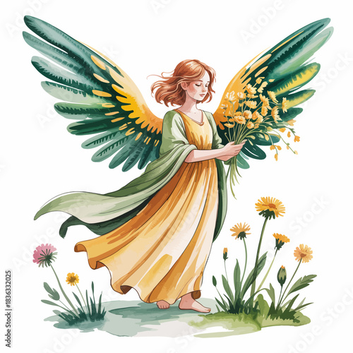 A serene angel character with colorful wings delicately holds a bouquet of flowers, surrounded by vibrant blooms in a lush green setting, reflecting harmony and beauty.