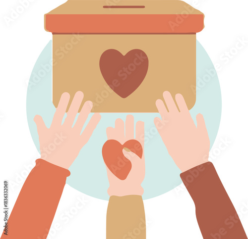 Three pairs of hands reaching toward a donation box, one holding a heart, symbolizing charity and giving.