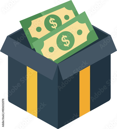 A dark blue cardboard box with yellow stripes is filled with two green dollar bills, symbolizing financial gain or a cash prize.