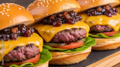 Delicious mini cheeseburgers with melted cheddar cheese and savory toppings served on sesame seed buns