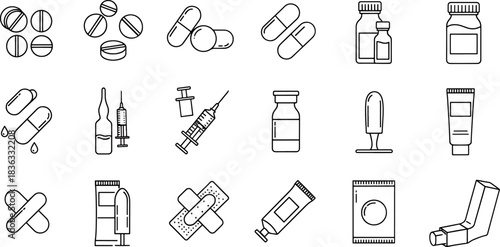 Set of medical icons including pills, capsules, syringes, ampoules, bottles, bandages, creams, and inhalers in a clean outline style