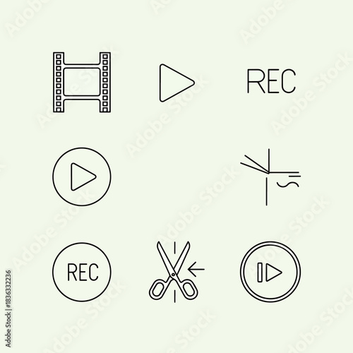 Set of nine simple line icons representing video recording play and editing functions including film strip scissors and REC symbols