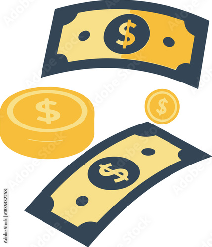 Money: bills and coins with dollar sign, financial concept.