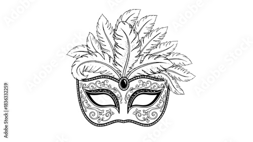 Elegant Venetian carnival mask, ornate patterns, feathers details, black and white vector, clean lines, symmetrical, isolated on white background
