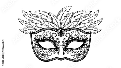 Elegant Venetian carnival mask, ornate patterns, feathers details, black and white vector, clean lines, symmetrical, isolated on white background