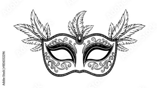 Elegant Venetian carnival mask, ornate patterns, feathers details, black and white vector, clean lines, symmetrical, isolated on white background
